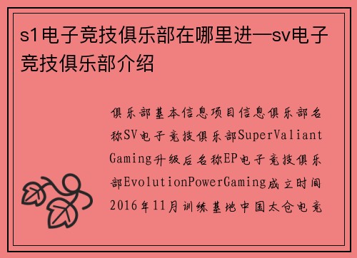 s1电子竞技俱乐部在哪里进—sv电子竞技俱乐部介绍